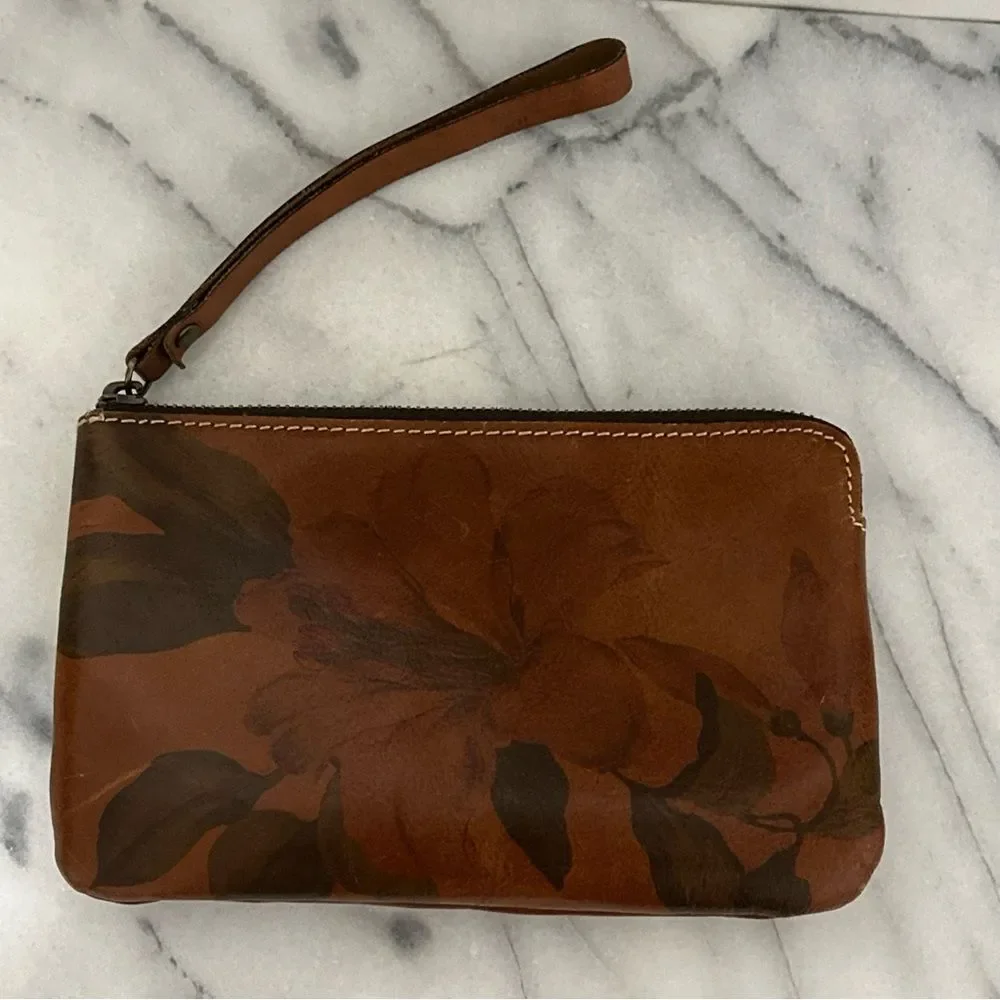 Patricia Nash Brown Leather Wristlet with Floral Design